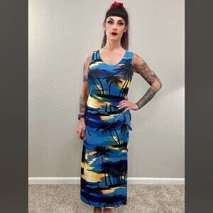90s Vintage Hawaiian Janana's Tropical Tiki Dress Sunset Sheath Boho Vacation L